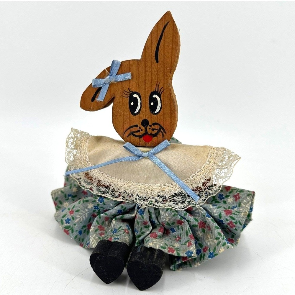 Vintage Wooden Bunny Doll Country Cottagecore Folk Art Shelf Sitter Decor